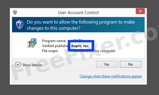 Screenshot where Raptr, Inc appears as the verified publisher in the UAC dialog